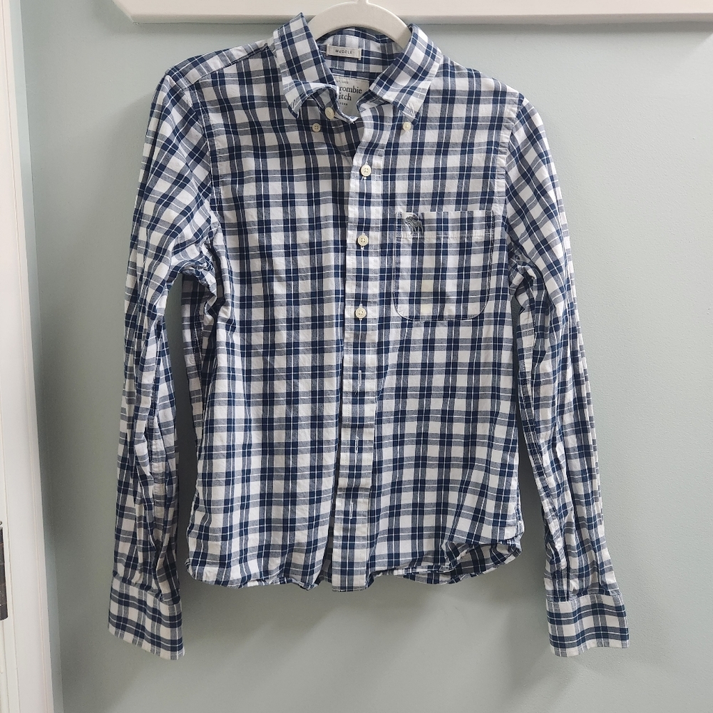 Abercrombie & Fitch White and Navy Plaid Button-Down Shirt